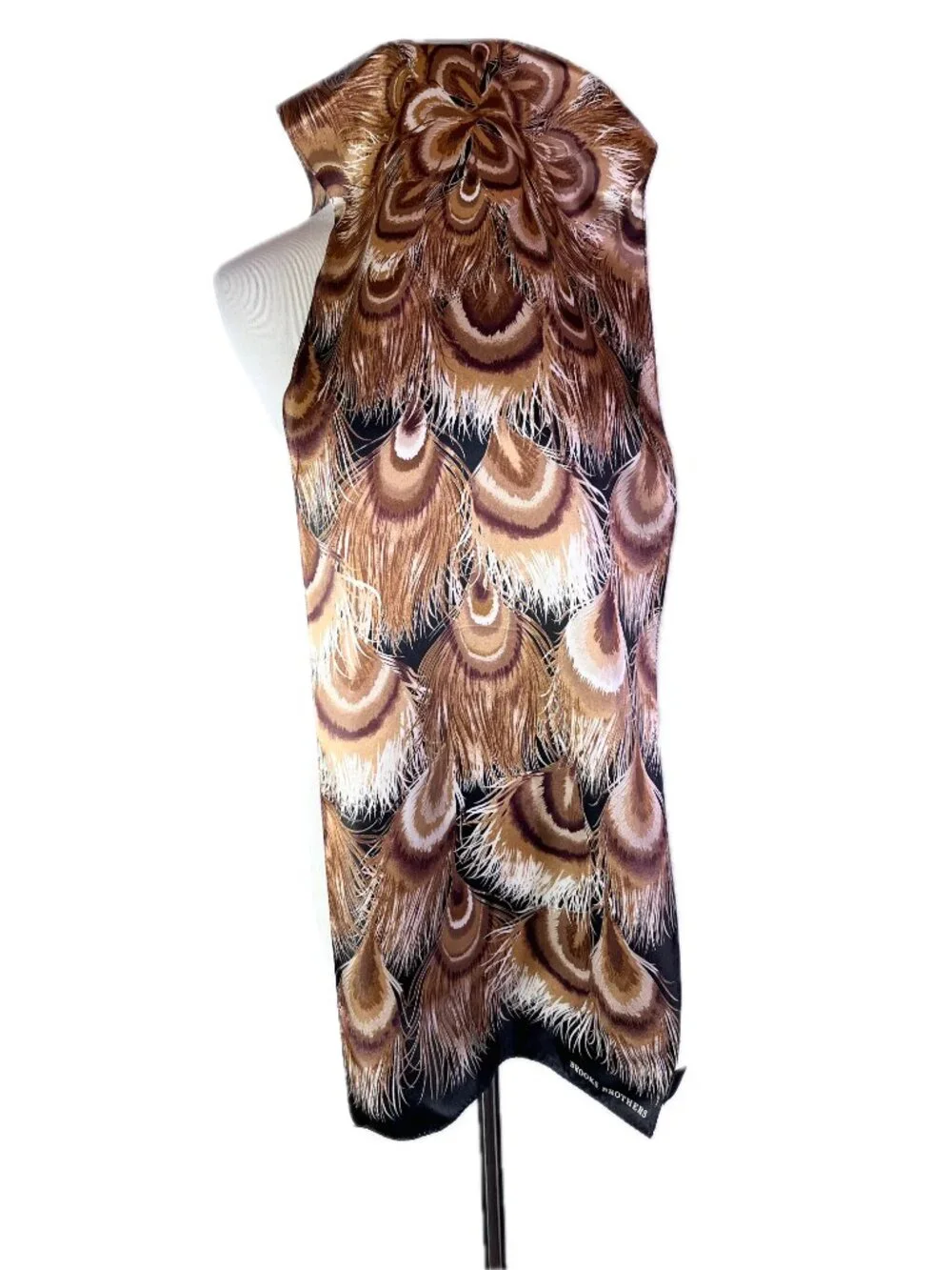 Brooks Brothers Silk Scarf Feathers Print Black Brown White 11x52